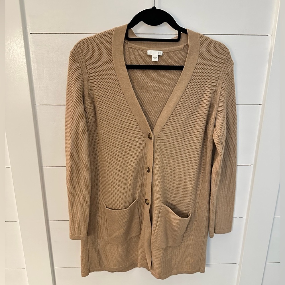 J JILL S Mixed textures tan cable knit classic sophisticated open cardigan - Picture 2 of 14